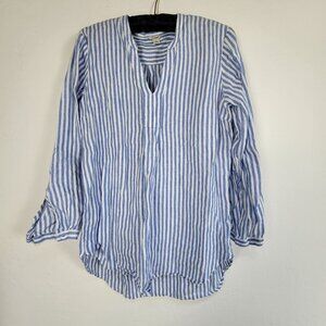 L.L. Bean Womens Petite Medium Blue & White Striped 100% Linen Tunic Top V-Neck